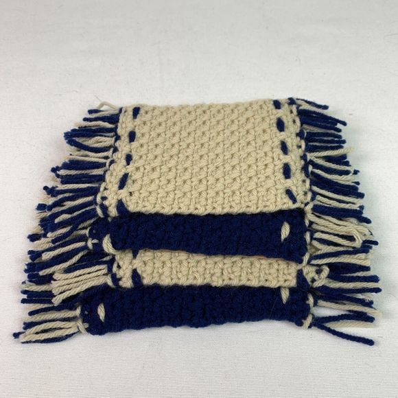 Mug Rugs Coasters Handmade Crochet Navy Blue Beige Fringe Felt Back Set of 4 - Picture 3 of 10